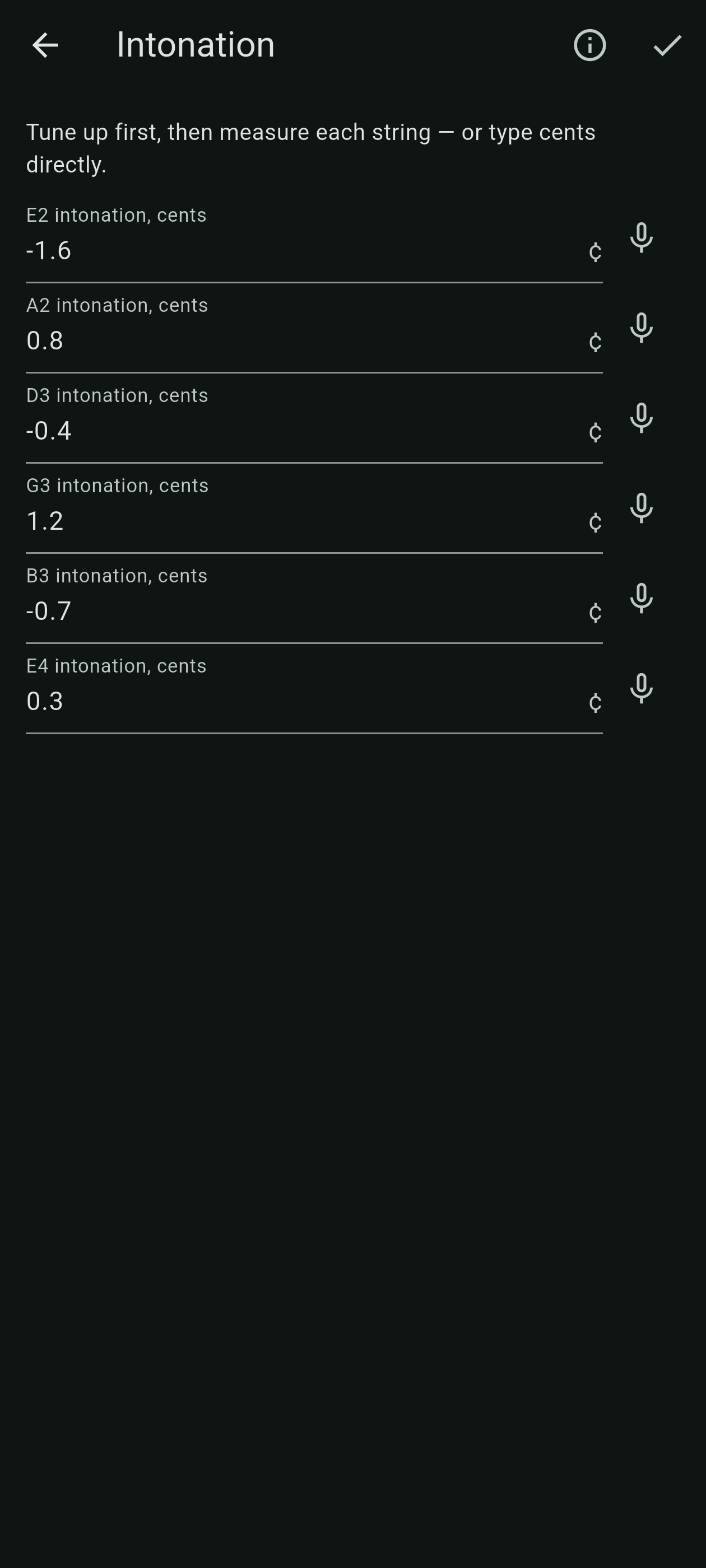 Intonation checker with per-string cent measurements