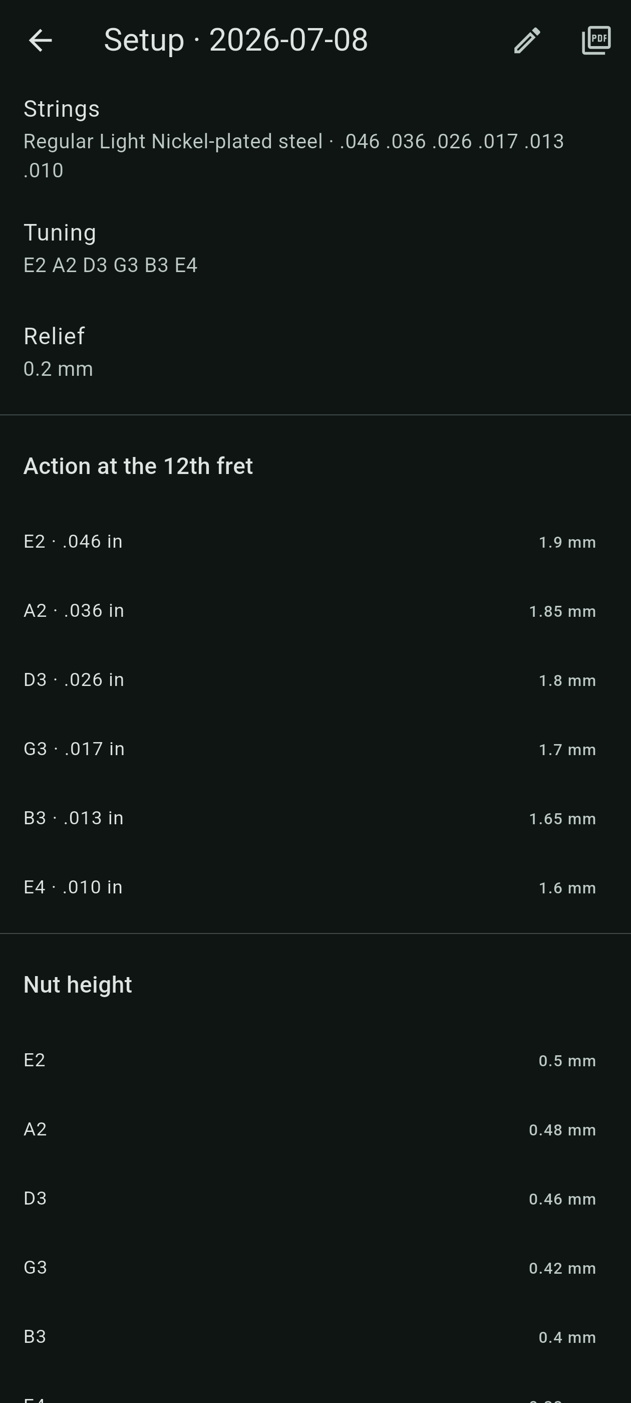 Saved setup record with tuning, relief, and action measurements