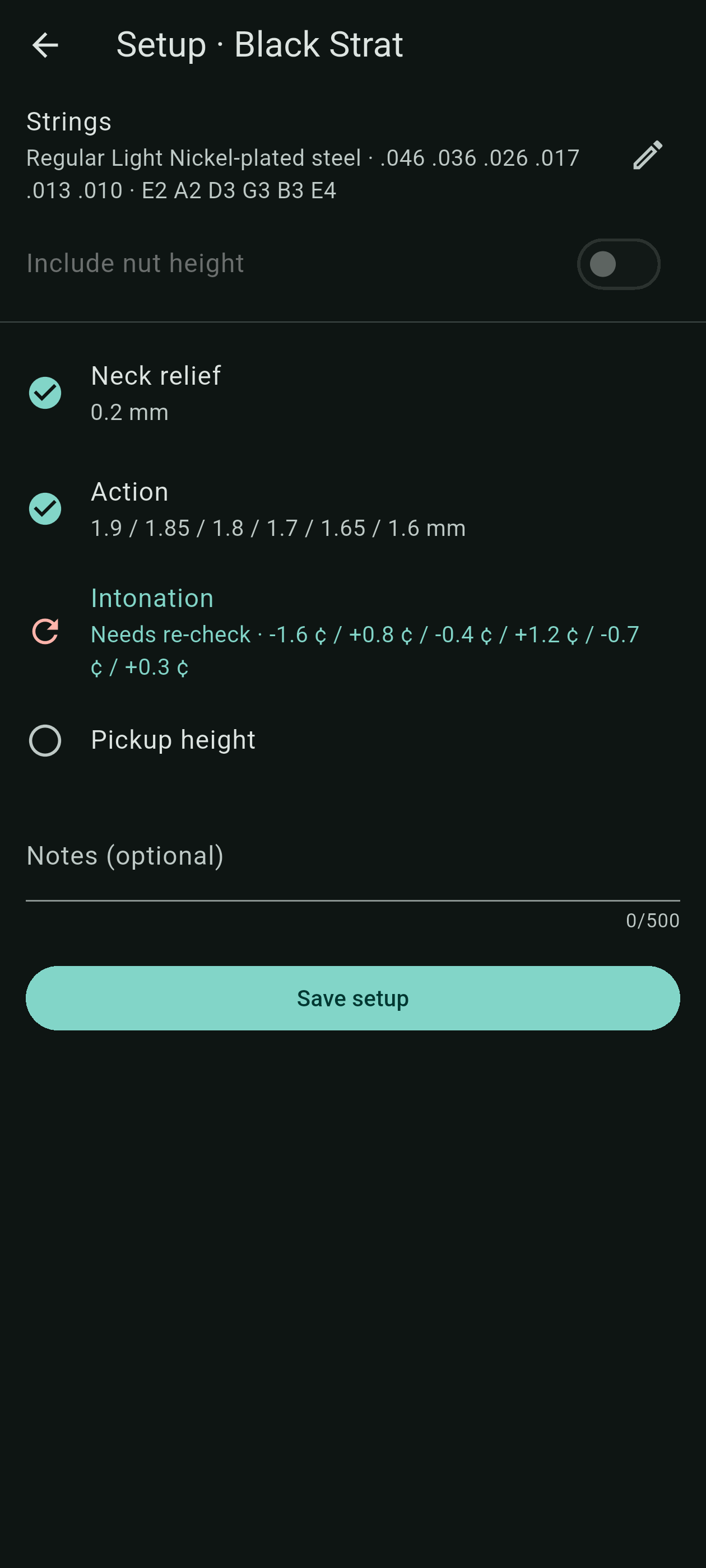 Guided setup checklist for a guitar named Black Strat