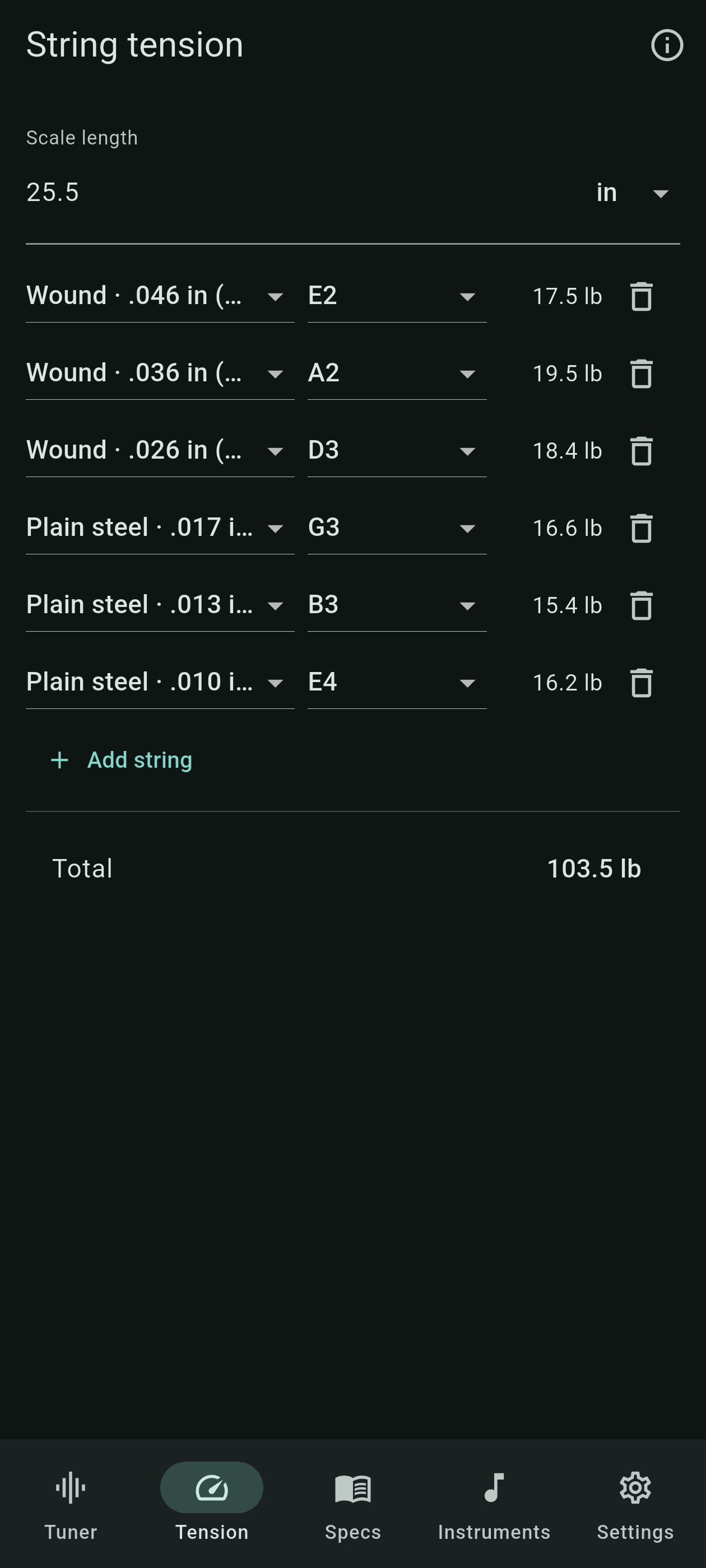String-tension calculator showing six strings and total tension