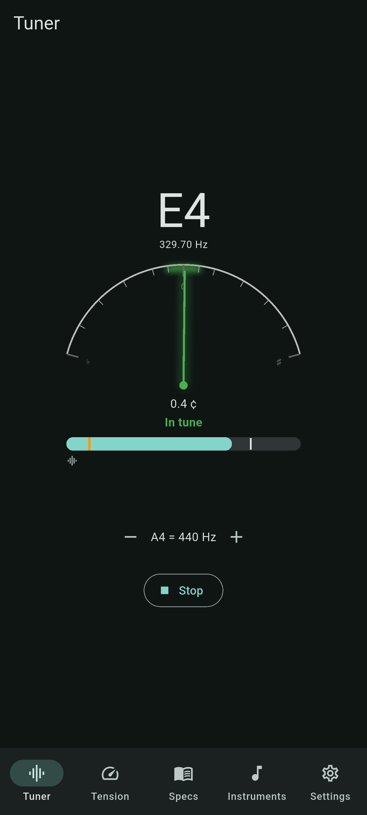Fretmancer chromatic tuner showing an E4 note in tune